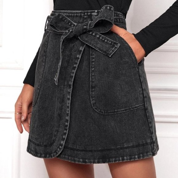 . Dresses & Skirts - Black Preppy Womens Pocket Side Wrap Belted Skirt
